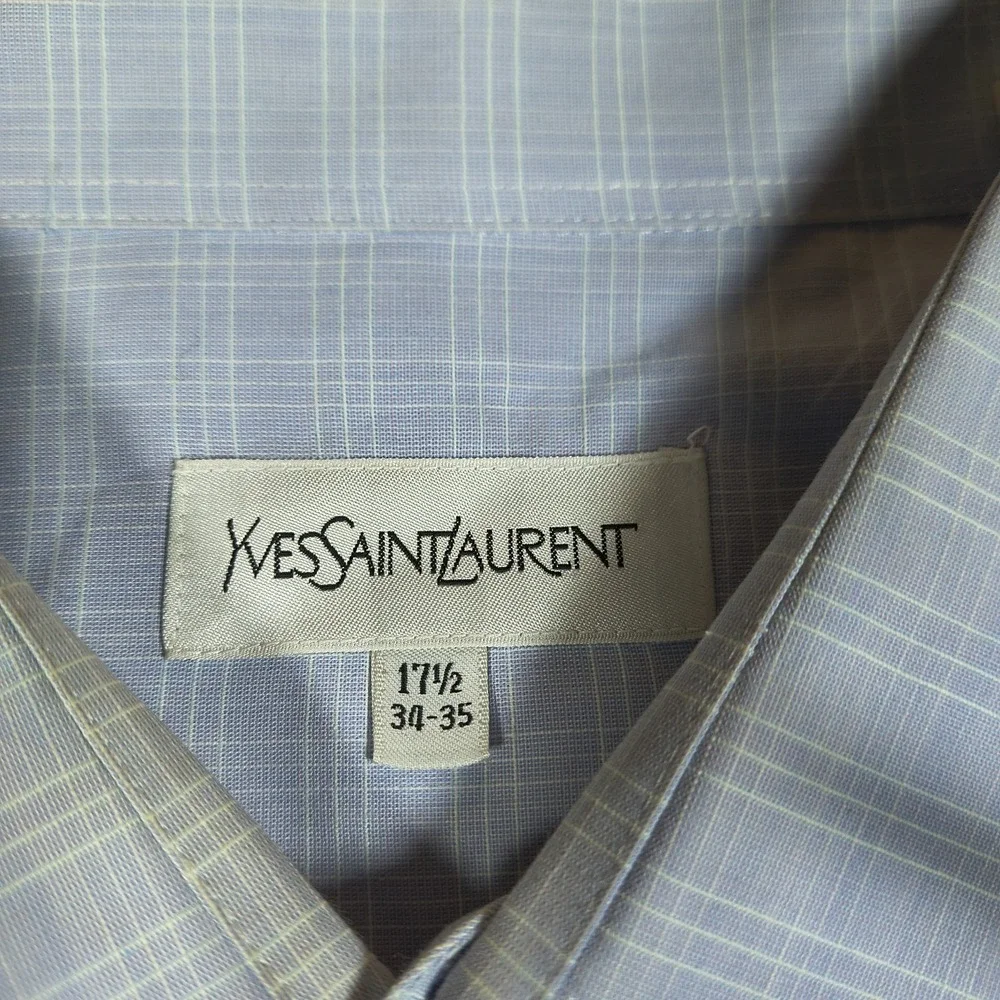 Vintage Yves Saint Laurent‎ Shirt Mens 17.5 Blue Plaid Long Sleeve Button Up USA